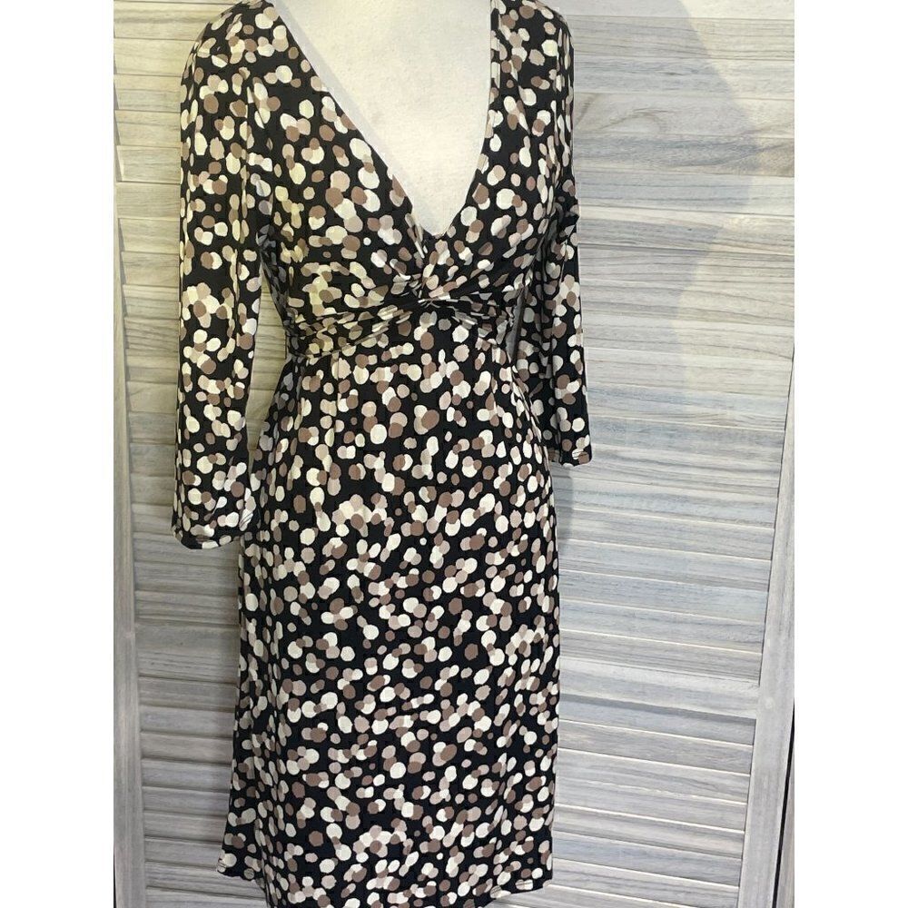 JFW Faux Wrap Dress XL Neutral Abstract Print Tie Back 3/4 Sleeve